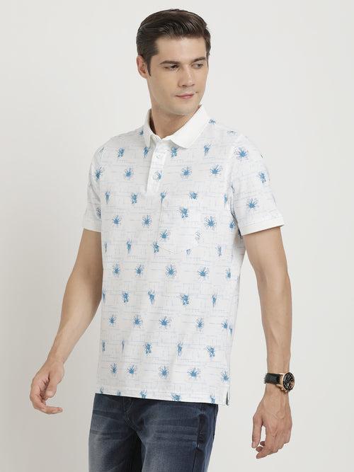 Poly Cotton Stretch White Printed Polo Neck Half Sleeve Casual T-Shirt