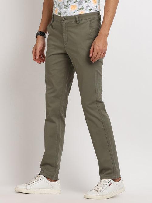 Cotton Stretch Olive Plain Ultra Slim Fit Flat Front Casual Trouser