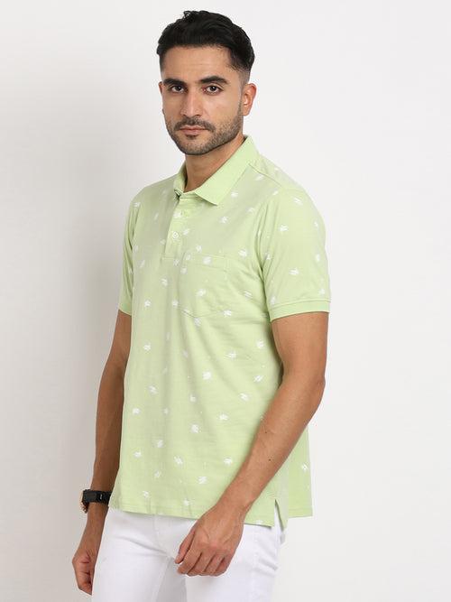 Knitted Light Green Printed Polo Neck Half Sleeve Casual T-Shirt