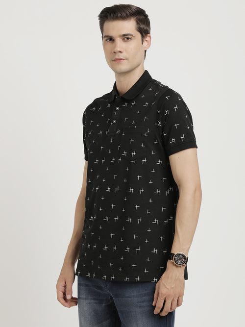 Cotton Stretch Black Printed Polo Neck Half Sleeve Casual T-Shirt