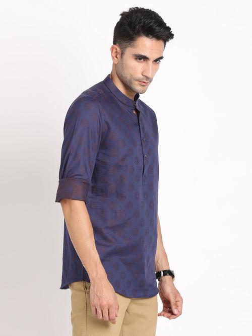 100% Cotton Navy Jacquard Kurta Full Sleeve Ceremonial Shirt