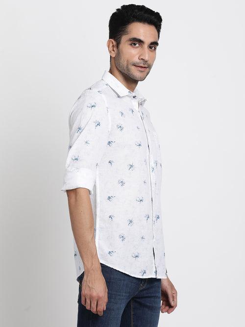 Cotton Linen White Printed Slim Fit Full Sleeve Casual Shirt