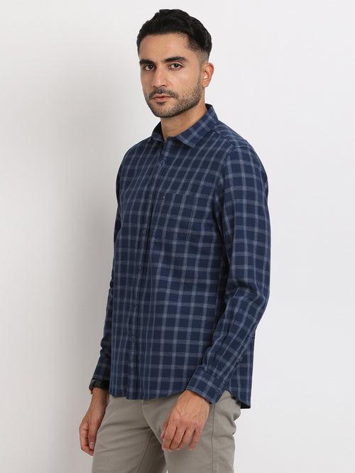 100% Cotton Navy Blue Checkered Slim Fit Full Sleeve Casual Shirt