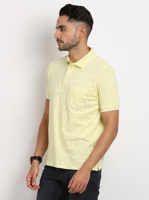 Cotton Stretch Lemon Printed Polo Neck Half Sleeve Casual T-Shirt