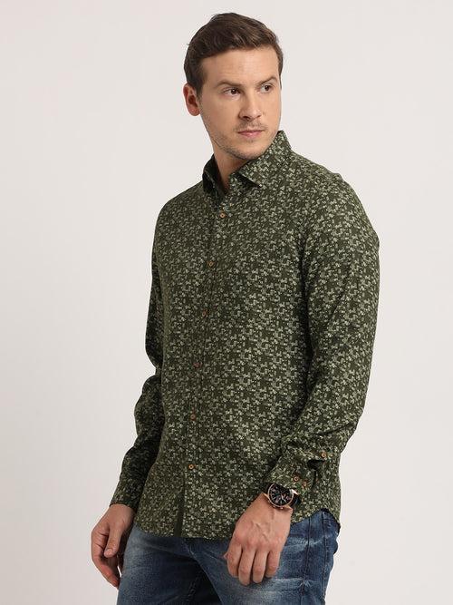 100% Cotton Olive Printed Slim Fit Full Sleeve Casual Shirt