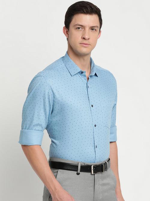 100% Cotton Sky Blue Printed Slim Fit Full Sleeve Formal Shirt