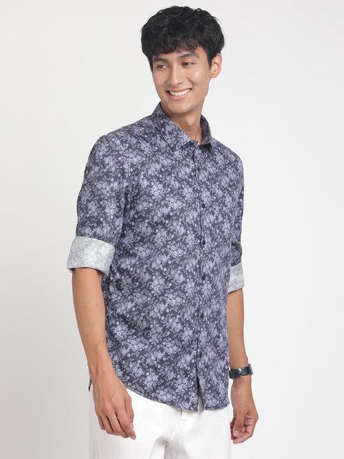 Cotton Tencel Navy Printed Slim Fit Full Sleeve Ceremonial Shirt