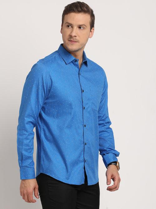 100% Cotton Blue Printed Slim Fit Full Sleeve Formal Shirt