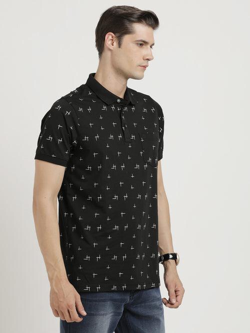 Cotton Stretch Black Printed Polo Neck Half Sleeve Casual T-Shirt