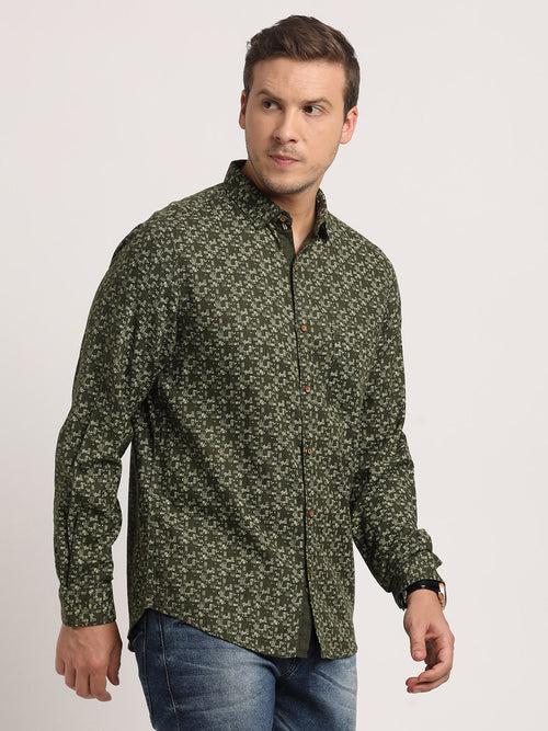 100% Cotton Olive Printed Slim Fit Full Sleeve Casual Shirt