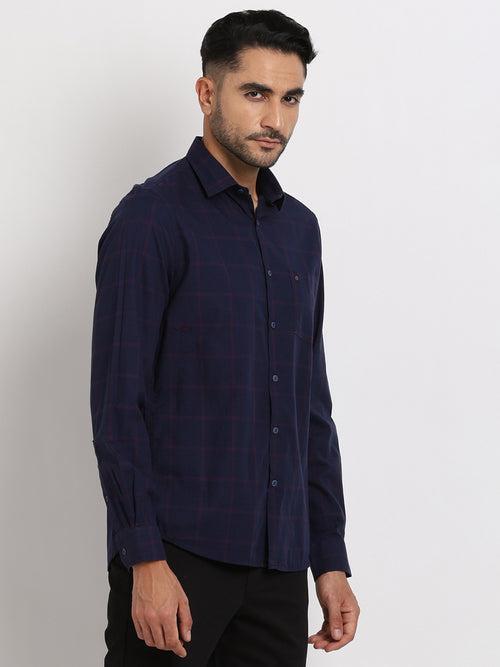 100% Cotton Navy Blue Checkered Slim Fit Full Sleeve Casual Shirt