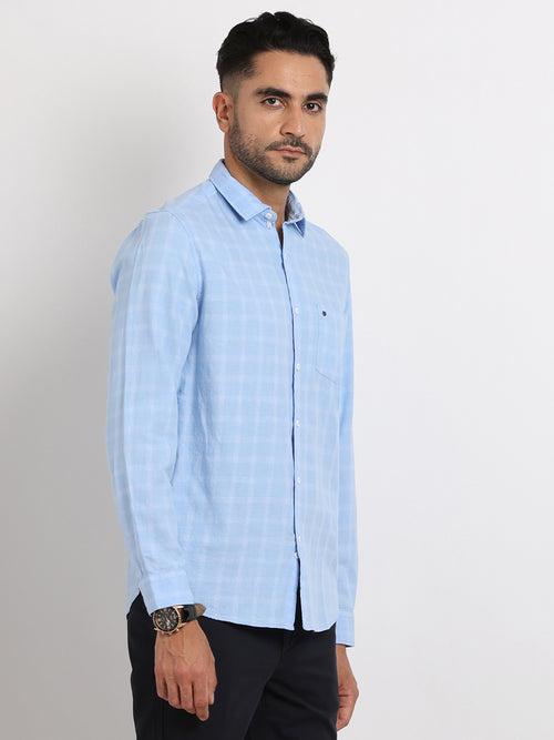 100% Cotton Sky Blue Checkered Slim Fit Full Sleeve Casual Shirt