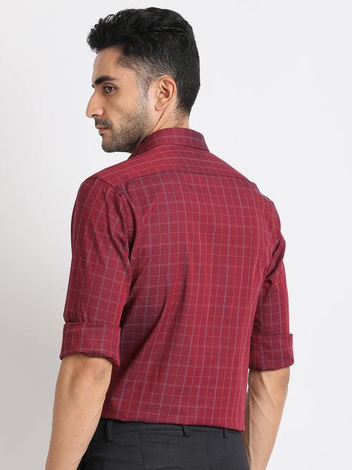 100% Cotton Maroon Checkered Slim Fit Full Sleeve Formal Shirt