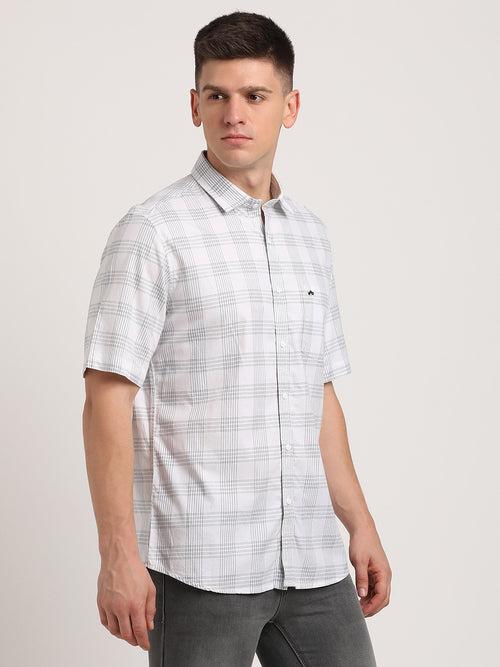 100% Cotton Off White Checkered Slim Fit Half Sleeve Casual Shirt