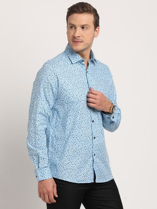 100% Cotton Sky Blue Printed Slim Fit Full Sleeve Formal Shirt