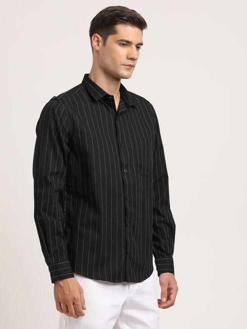 100% Cotton Black Striped Slim Fit Full Sleeve Formal Shirt