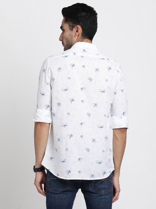 Cotton Linen White Printed Slim Fit Full Sleeve Casual Shirt