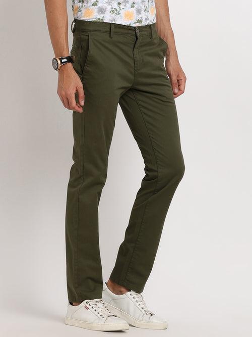 Cotton Stretch Olive Plain Ultra Slim Fit Flat Front Casual Trouser