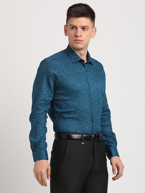 100% Cotton Blue Printed Slim Fit Full Sleeve Ceremonial Shirt