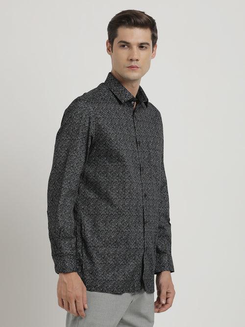 100% Cotton Black Printed Regular Fit Full Sleeve Formal Shirt