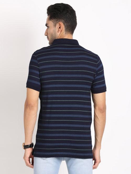 100% Cotton Indigo Navy Blue Striped Polo Neck Half Sleeve Casual T-Shirt