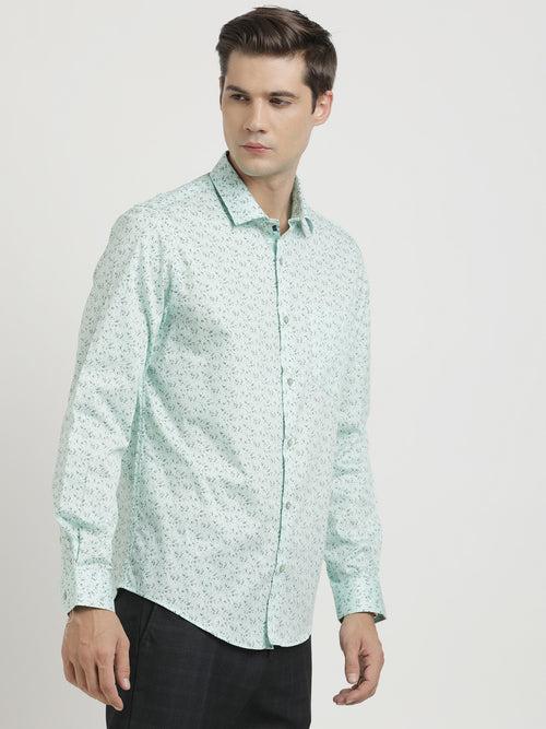 100% Cotton Green Printed Slim Fit Full Sleeve Formal Shirt