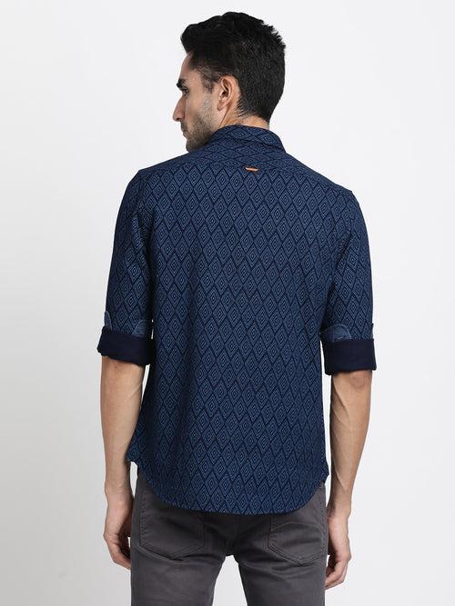 100% Cotton Indigo Navy Blue Printed Slim Fit Full Sleeve Casual Shirt