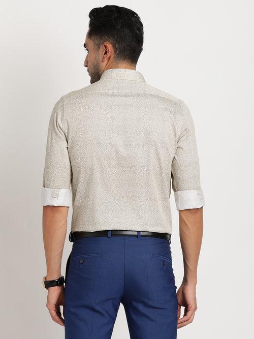 Cotton Stretch Beige Printed Slim Fit Full Sleeve Formal Shirt