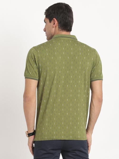 Cotton Stretch Green Printed Polo Neck Half Sleeve Casual T-Shirt