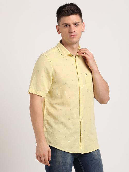 Cotton Linen Yellow Plain Slim Fit Half Sleeve Casual Shirt