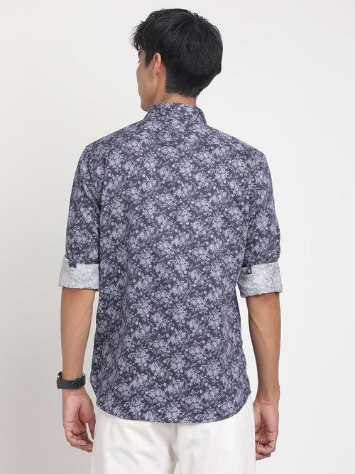 Cotton Tencel Navy Printed Slim Fit Full Sleeve Ceremonial Shirt