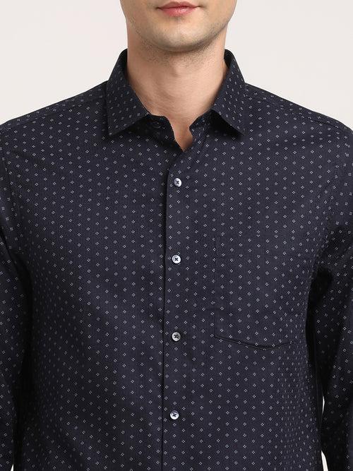 100% Cotton Navy Blue Printed Slim Fit Full Sleeve Formal Shirt