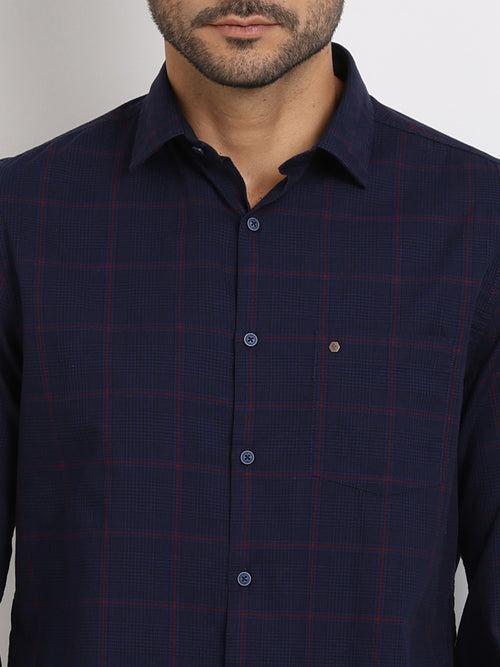 100% Cotton Navy Blue Checkered Slim Fit Full Sleeve Casual Shirt