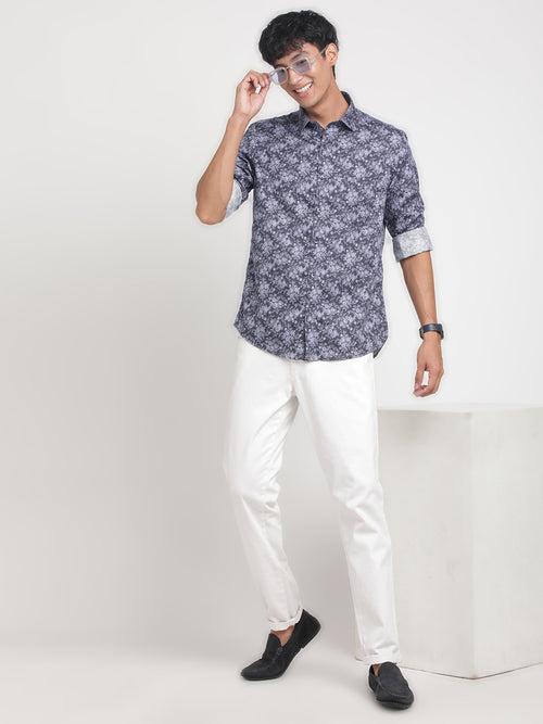 Cotton Tencel Navy Printed Slim Fit Full Sleeve Ceremonial Shirt