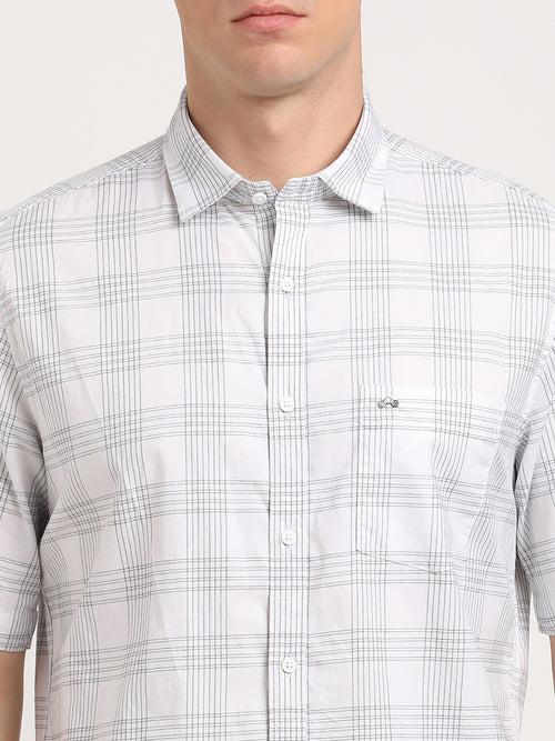 100% Cotton Off White Checkered Slim Fit Half Sleeve Casual Shirt