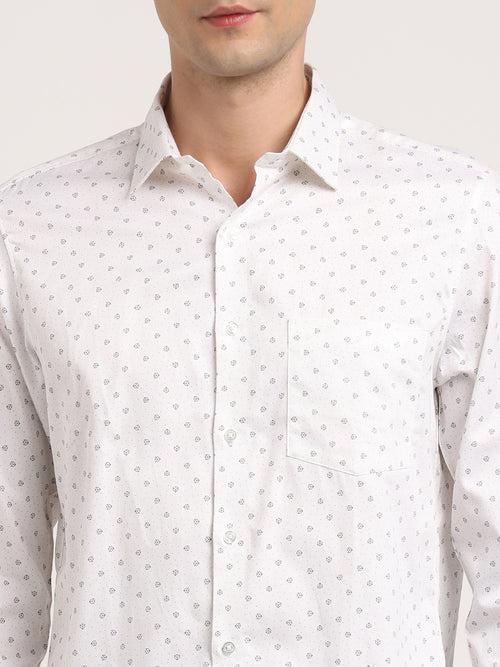 100% Cotton White Printed Slim Fit Full Sleeve Formal Shirt