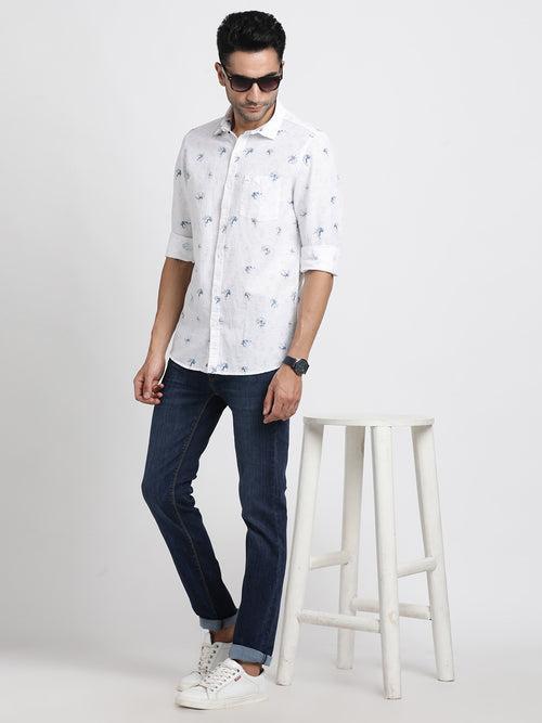 Cotton Linen White Printed Slim Fit Full Sleeve Casual Shirt