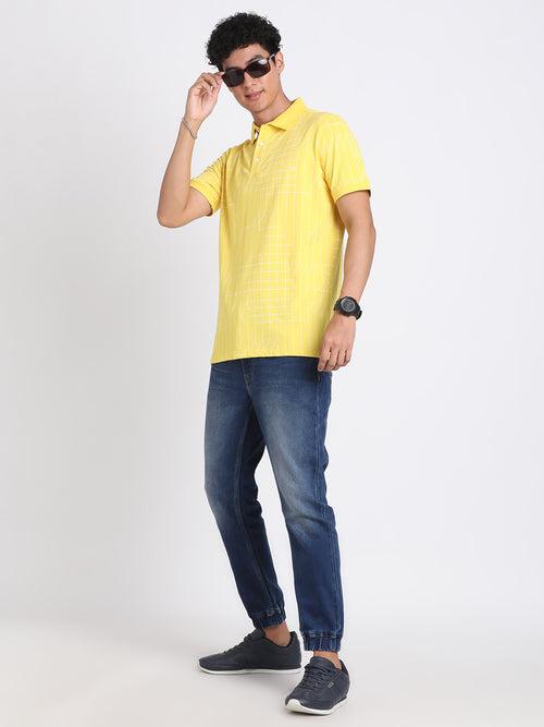 100% Cotton Yellow Printed Polo Neck Half Sleeve Casual T-Shirt