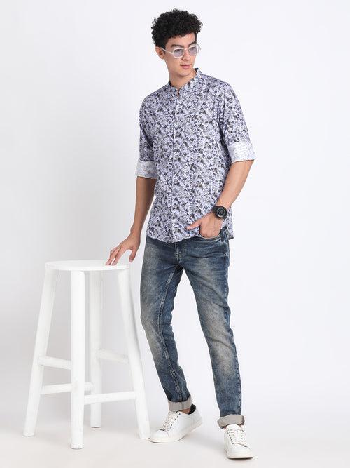 Cotton Tencel Navy Printed Slim Fit Full Sleeve Ceremonial Shirt