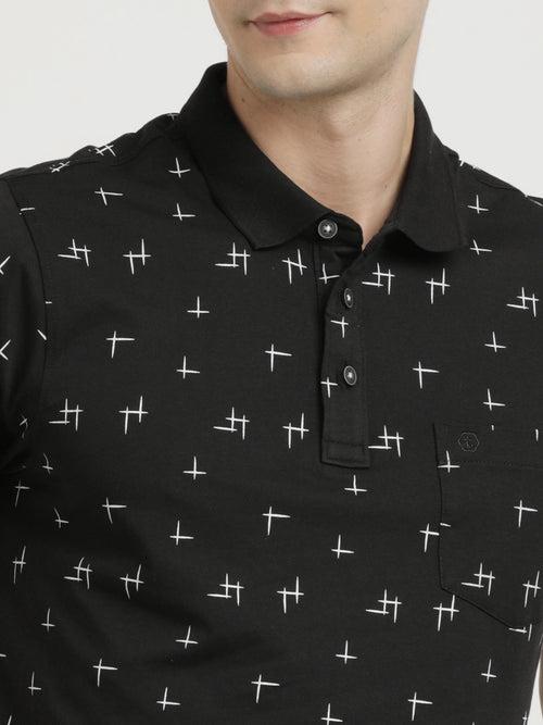 Cotton Stretch Black Printed Polo Neck Half Sleeve Casual T-Shirt