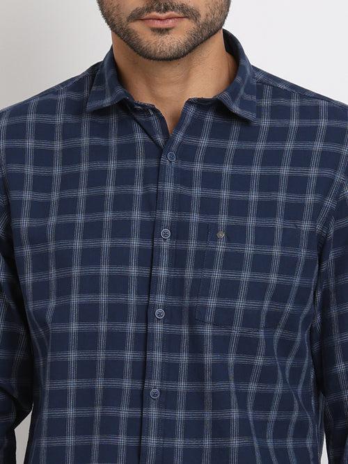 100% Cotton Navy Blue Checkered Slim Fit Full Sleeve Casual Shirt