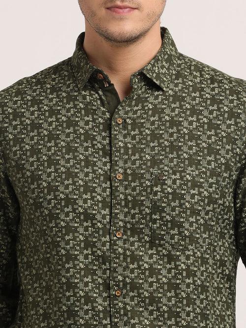 100% Cotton Olive Printed Slim Fit Full Sleeve Casual Shirt