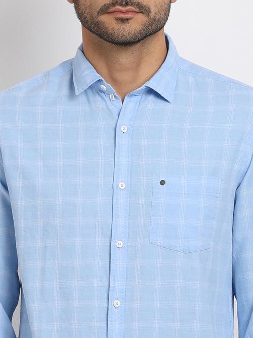 100% Cotton Sky Blue Checkered Slim Fit Full Sleeve Casual Shirt