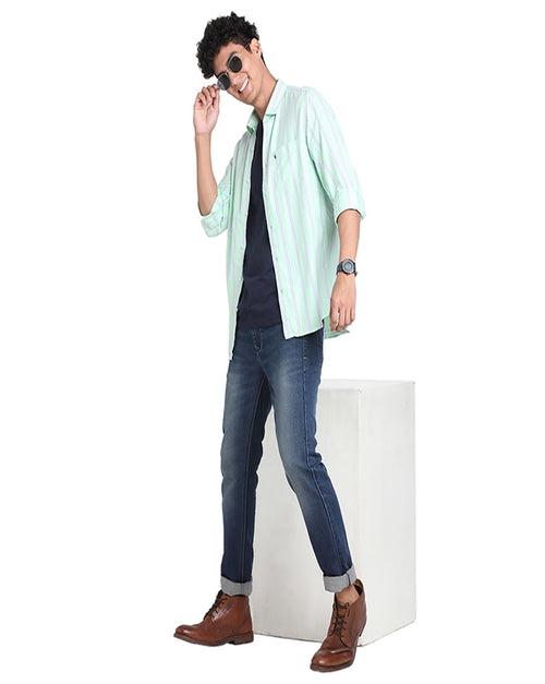 100% Cotton Light Green Striped Slim Fit Full Sleeve Casual Shirt