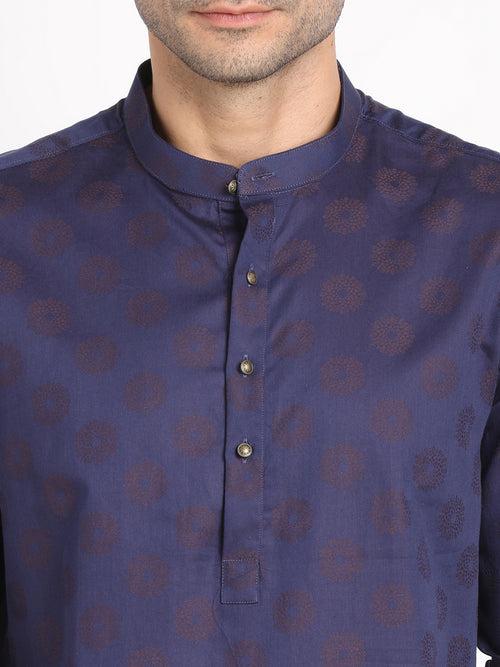 100% Cotton Navy Jacquard Kurta Full Sleeve Ceremonial Shirt