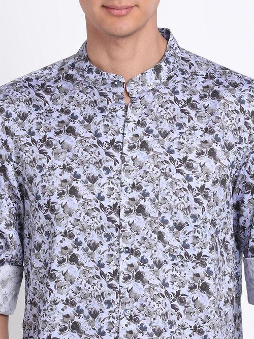 Cotton Tencel Navy Printed Slim Fit Full Sleeve Ceremonial Shirt