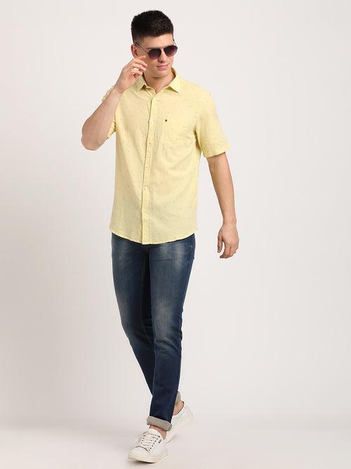 Cotton Linen Yellow Plain Slim Fit Half Sleeve Casual Shirt