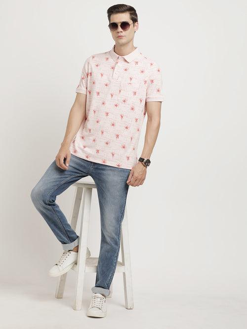 Poly Cotton Stretch Light Peach Printed Polo Neck Half Sleeve Casual T-Shirt