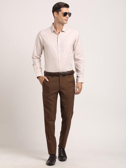 Giza Cotton Cream Checkered Slim Fit Full Sleeve Formal Shirt