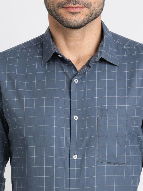 100% Cotton Navy Checkered Slim Fit Full Sleeve Formal Shirt